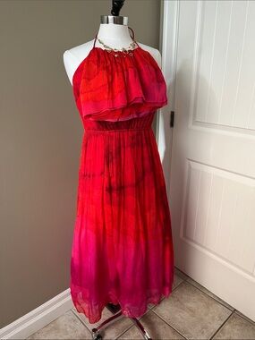 NWT - Tracy Reese x Anthropologie Red and Pink Halter Midi Dress